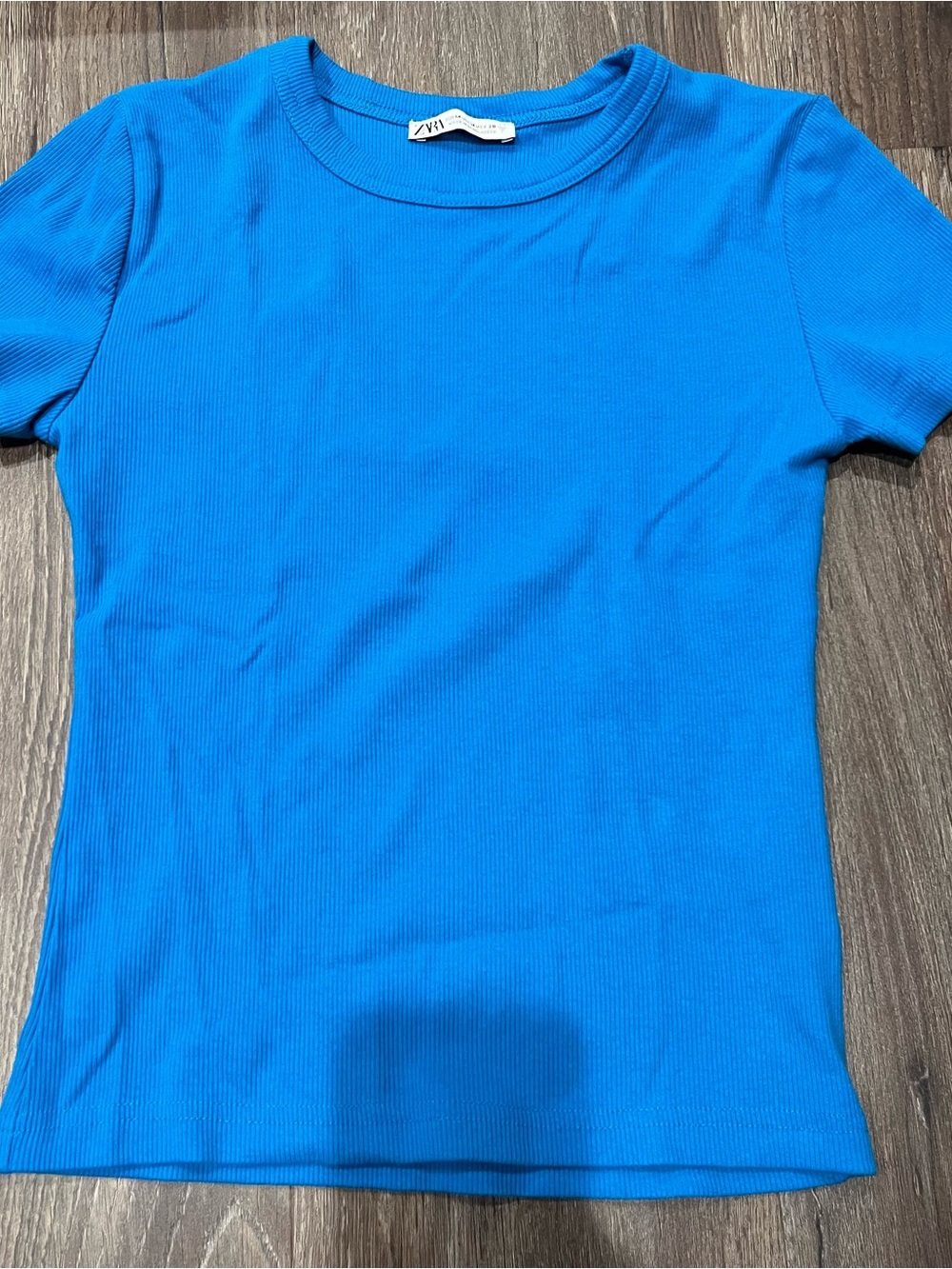 Zara Vibrant Blue Ribbed Crew Neck Tee